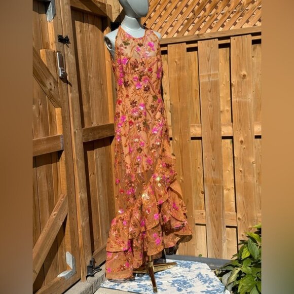 🆕 BRONX & BANCO🧿 NWOT Sicilia Coral Sequin Fluted Hem Maxi Dress, Sz L US 8 - Picture 3 of 14